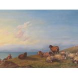 (XIX). A coastal landscape with figures and sheep on cliff top pasture, unsigned, oil on canvas,