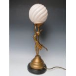 AN ART DECO FIGURAL SPELTER TABLE LAMP IN THE FORM OF A DANCING LADY, with gilt finish, circular