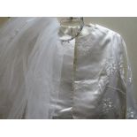 A VINTAGE WHITE SATIN WEDDING DRESS WITH EMBROIDERED COAT, together with a similar turquoise long