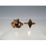 A 9CT GOLD CLADDAUGH RING A/F, size P, approx 3.95 g, together with a hallmarked 9ct gold and