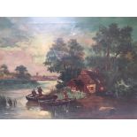 A 19TH CENTURY MOONLIT WOODED RIVER LANDSCAPE, with figures, boats, cottage and windmill,