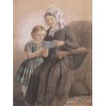 AN INTERIOR SCENE WITH SEATED WOMAN & YOUNG CHILD READING, signed and dated 1850 lower right,