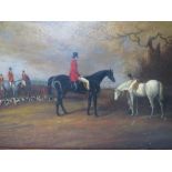 (XIX). A hunting scene with huntsmen, horses and a pack of hounds, unsigned, oil on board, framed,