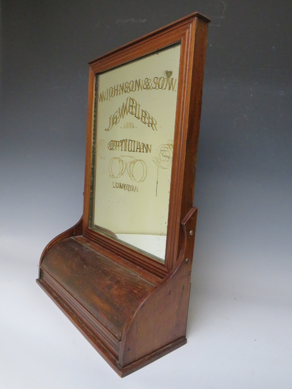 A LATE 19TH / EARLY 20TH CENTURY TABLE TOP ADVERTISING MIRROR, with drawer at base, 'W. Johnson & - Image 4 of 7