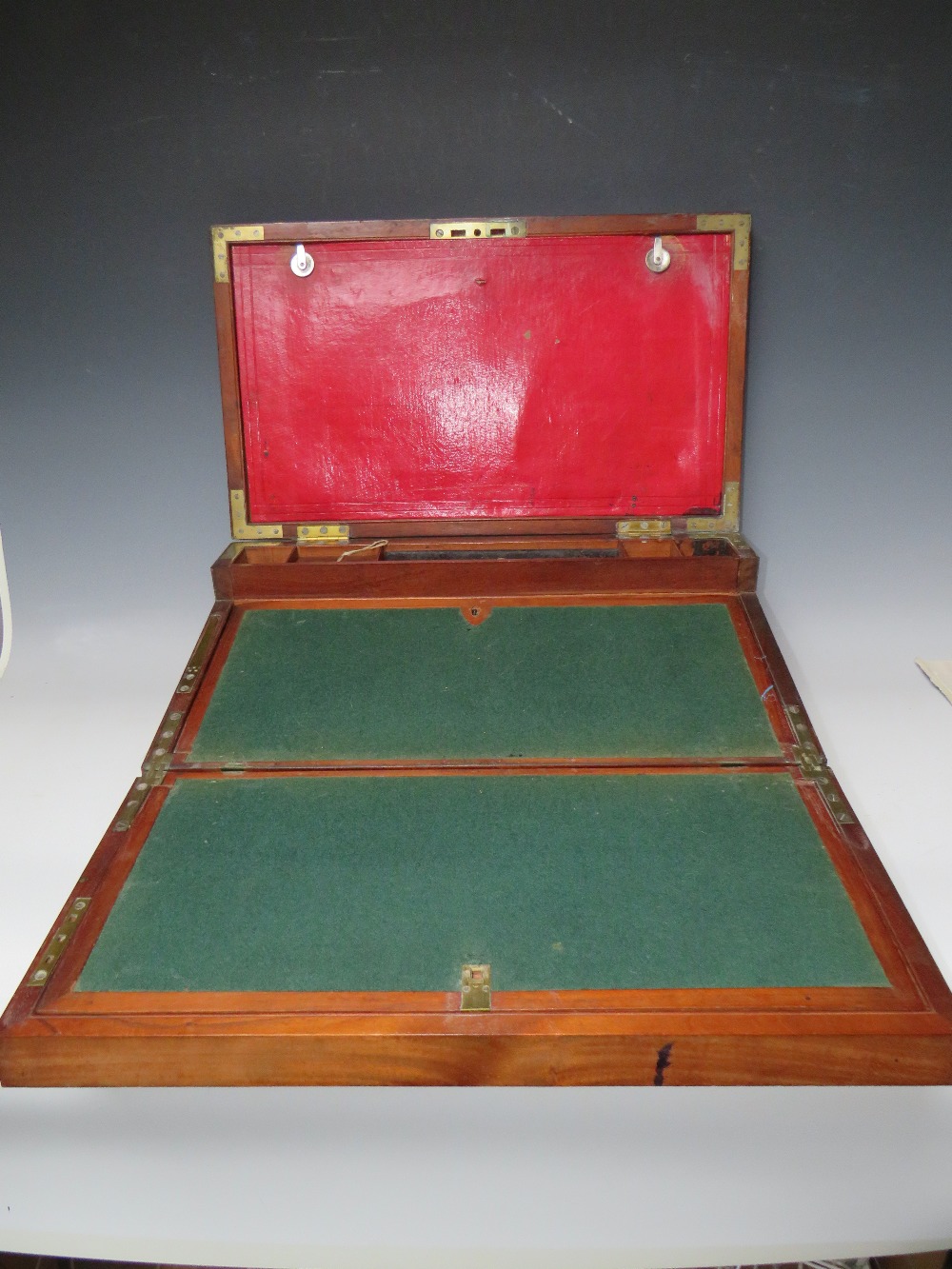 A LARGE 19TH CENTURY MAHOGANY BRASS BOUND CAMPAIGN MILITIA WRITING SLOPE, the hinged lid opening - Image 3 of 4