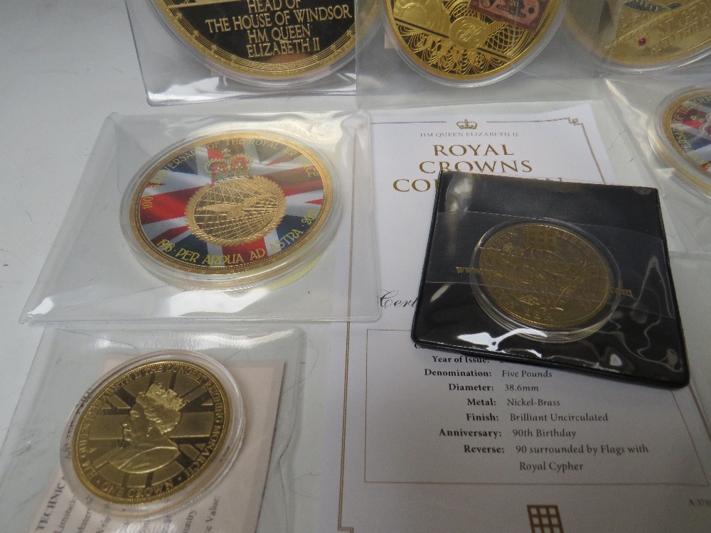 A COLLECTION OF GOLD PLATED AND DECORATIVE OVERSIZE PROOF COINS, to include George & The Dragon, the - Image 3 of 5