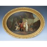 (XIX). English school, oval study of figures, dog and sheep before a farmstead, unsigned, oil on