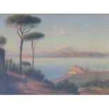 (XIX). Neapolitan school, Bay of Naples scene with figure in foreground and Vesuvius in