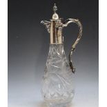 A SILVER PLATE AND CUT GLASS CLARET JUG, H 33.5 cm