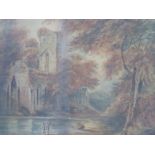 (XVIII). English school, wooded river scene with figures and abbey ruins, unsigned, watercolour,