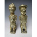 A PAIR OF AFRICAN BENIN STYLE TRIBAL BRASS FIGURES, tallest H 24.5 cm