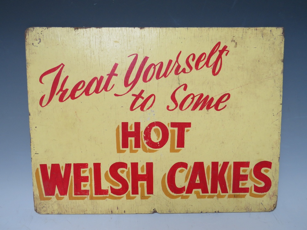 TWO VINTAGE CAFE ADVERTISING SIGNS, 'Hot Welsh Cakes' on wood, 30 x 41 cm, and 'Beverage Only' on - Image 2 of 3