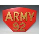 A WOODEN LOCOMOTIVE FOUNDRY CASTING MOULD NAME PLATE 'ARMY 92', painted red and gold, W 49 cm, H