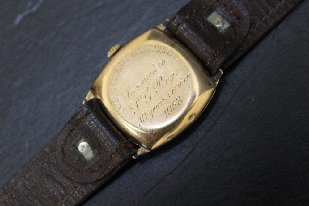 A RECORD 9CT GOLD WRIST WATCH, on leather strap, with presentation engraving to reverse, Dia 3 - Image 3 of 3