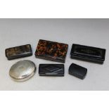 A COLLECTION OF SIX SNUFF BOXES ETC, to include papier mache examples, widest 10.25 cm