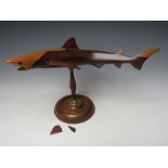 A 20TH CENTURY WOODEN MODEL OF A SHARK ON STAND A/F, L 45 cmCondition Report:With damages - needs