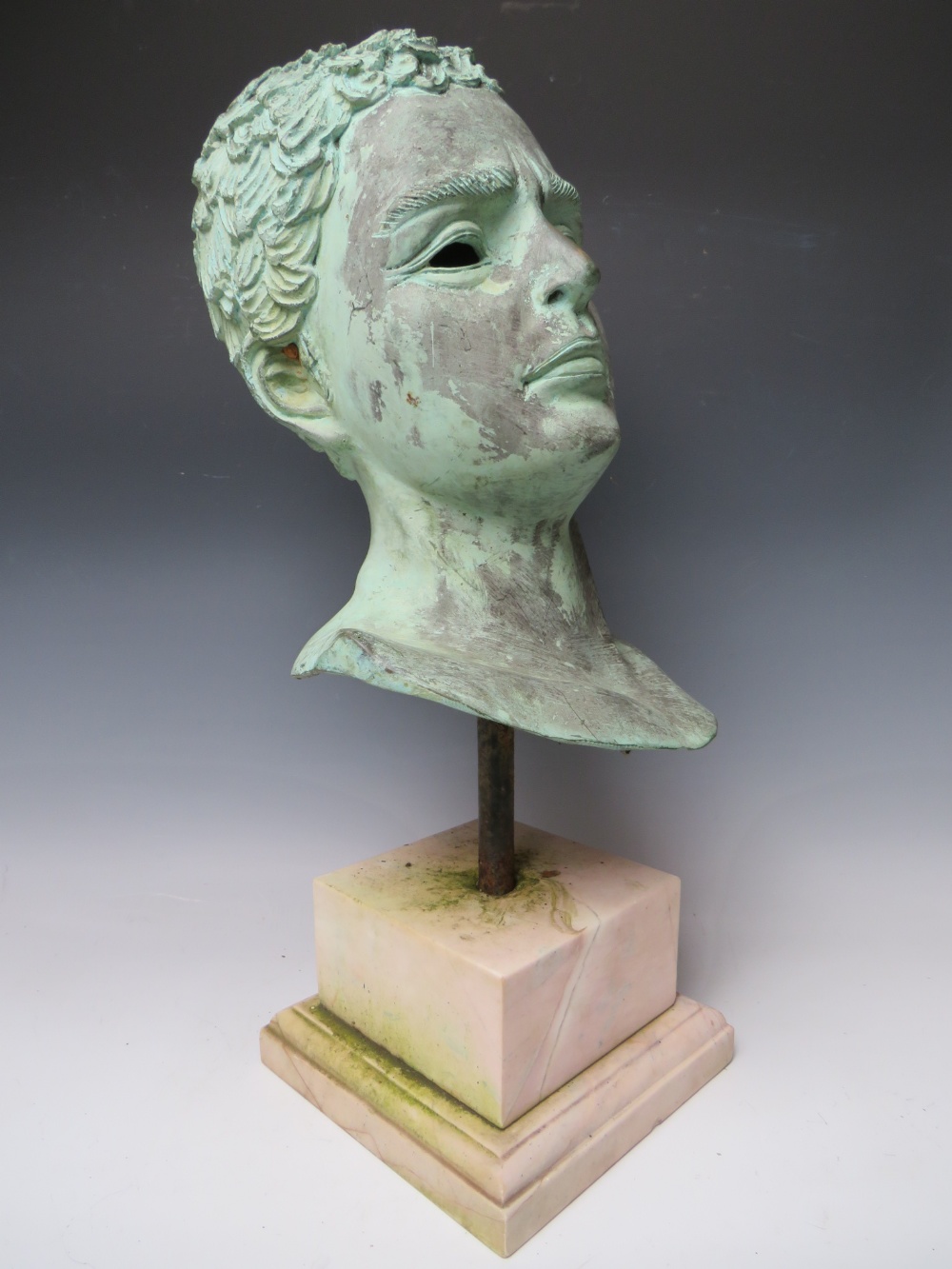 A 20TH CENTURY BRONZE HEAD STUDY OF A ROMAN EMPEROR, set on a square marble base, overall H 60 cm - Image 6 of 7