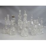 A COLLECTION OF SMALL / MINIATURE GLASS DECANTERS ETC., to include a thistle shaped decanter with