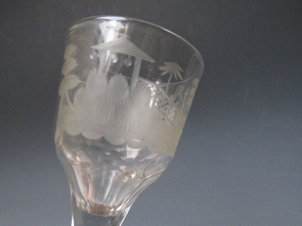 A SET OF FOUR LATE 18TH CENTURY GEORGIAN WINE GLASSES, each having bowl engraved with Oriental and - Image 2 of 8
