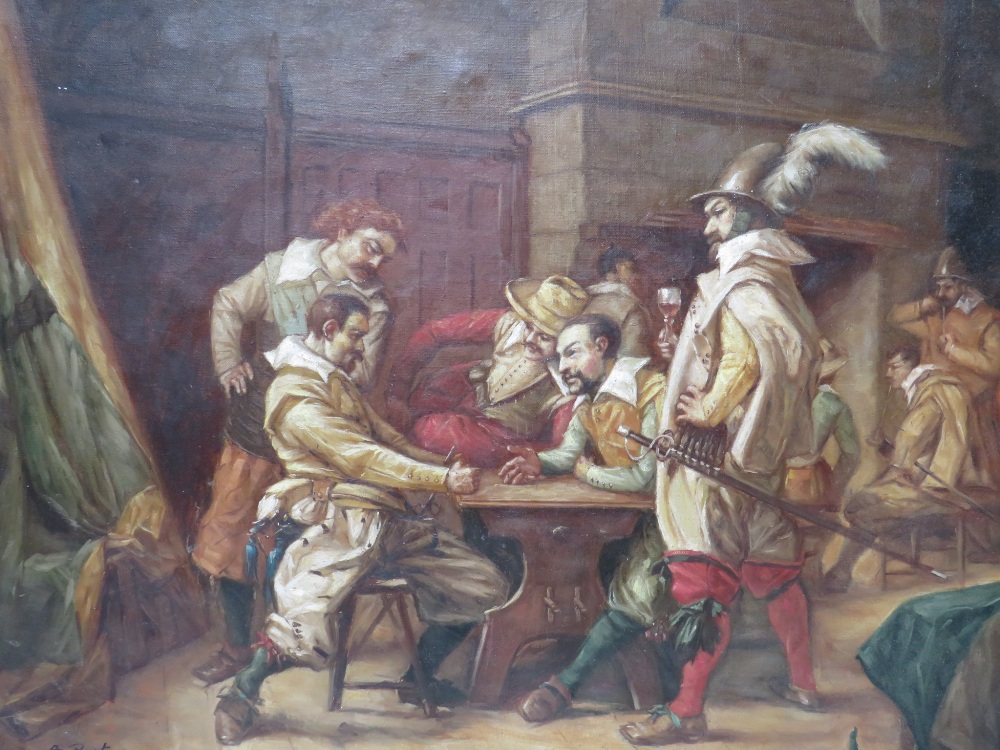 A. PASTEN (XIX). Interior scene with soldiers in Carolean dress, signed lower left, oil on canvas