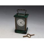 A MATTHEW NORMAN OF LONDON MALACHITE CARRIAGE CLOCK, with key, H 11 cm