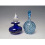 TWO ED BURKE E & M STUDIO GLASS CONTEMPORARY SCENT BOTTLES, comprising a blue 'Doodle' pattern