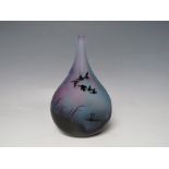 AN ED BURKE E & M STUDIO GLASS SCENIC VASE, black cased, being acid etched to reveal a blue and