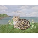 FIONA HUGHES (XX). Study of a cat resting in a coastal landscape, signed lower right, watercolour,