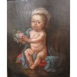 (XVII - XVIII). A portrait study of a seated baby holding a bunch of flowers, unsigned, oil on