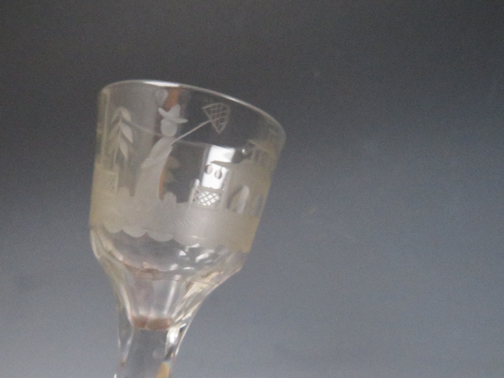 A SET OF FOUR LATE 18TH CENTURY GEORGIAN WINE GLASSES, each having bowl engraved with Oriental and - Image 3 of 8