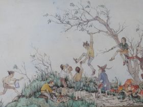 A 20TH CENTURY ILLUSTRATION 'THE ELVES PICNIC', unsigned, pen, ink & watercolour on paper, framed