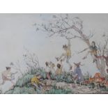 A 20TH CENTURY ILLUSTRATION 'THE ELVES PICNIC', unsigned, pen, ink & watercolour on paper, framed