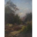 R. PEARSON. Urban wooded river scene with weir, houses in background, signed and dated 1897 lower