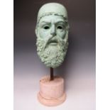 A 20TH CENTURY BRONZE HEAD STUDY OF A GREEK PHILOSOPHER, set on a circular marble base, overall H 61