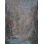 DENISE JAMESON (XX). Impressionist atmospheric wooded river scene with buildings, signed lower left,