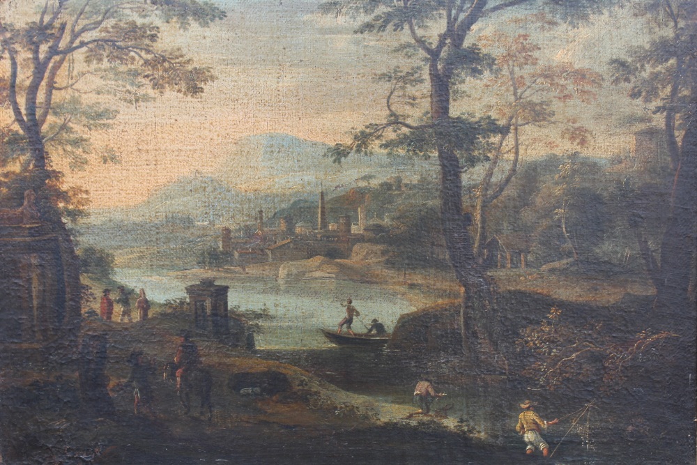 CIRCLE OF PAOLO ANESI (ROME c.1700 - c.1761). An extensive river landscape with fishermen in the