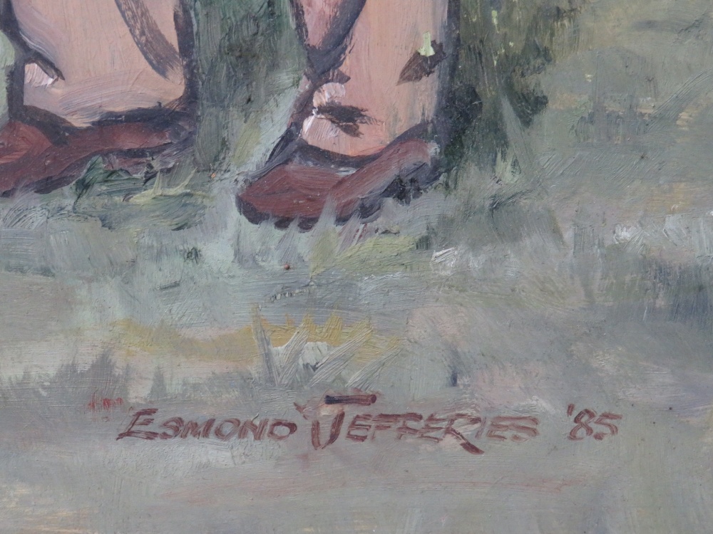 ESMOND JEFFRIES (XX). 'At The Horse Show', signed and dated 1985 lower right, oil on board, - Image 4 of 5