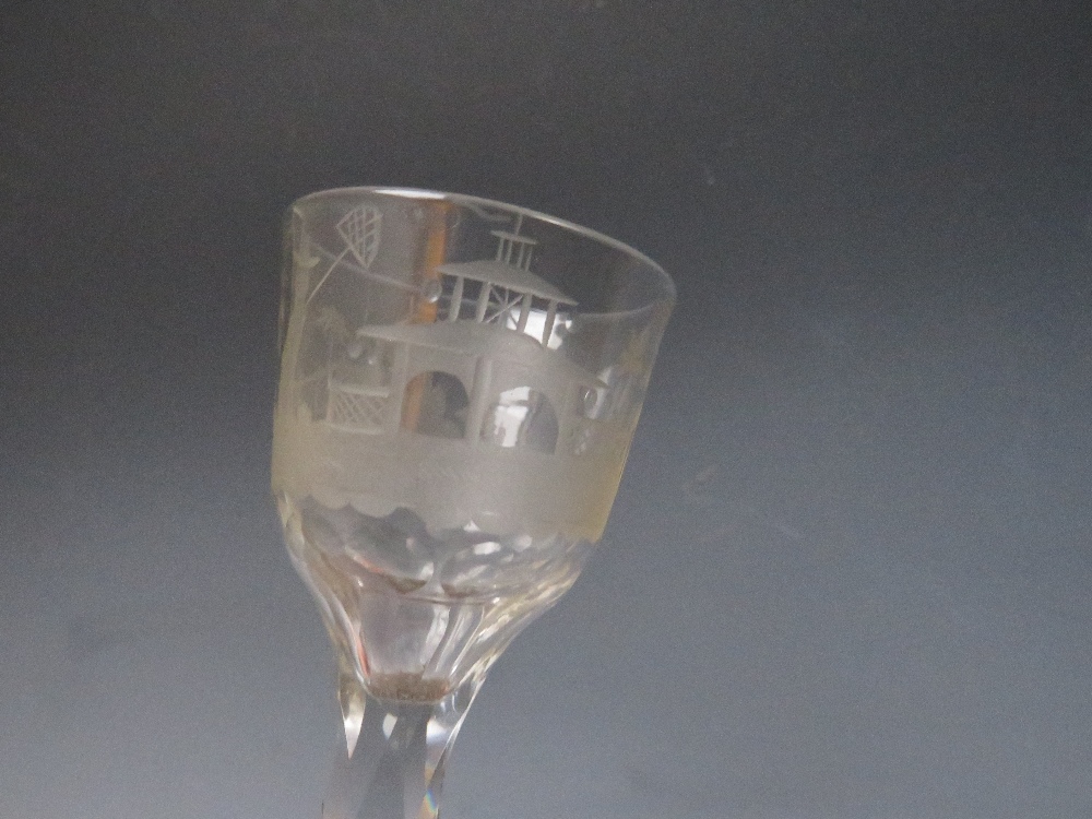 A SET OF FOUR LATE 18TH CENTURY GEORGIAN WINE GLASSES, each having bowl engraved with Oriental and - Image 4 of 8