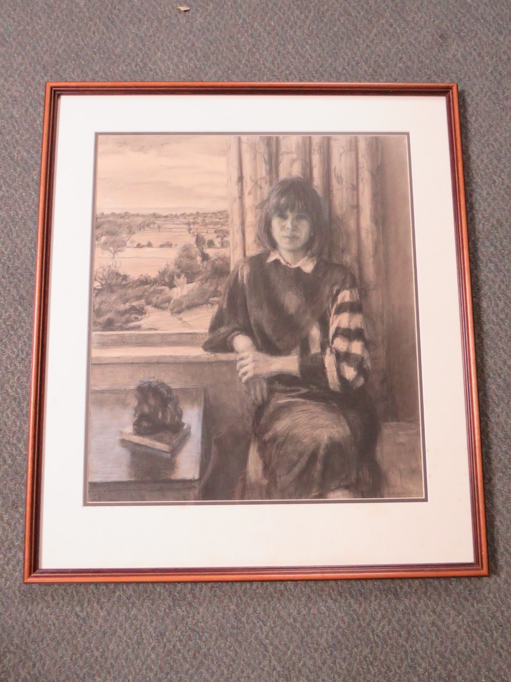 A 20TH CENTURY INTERIOR SCENE, with seated young woman before a window, landscape beyond, - Image 3 of 5