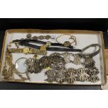 A SMALL TRAY OF WATCHES, COSTUME JEWELLERY ETC