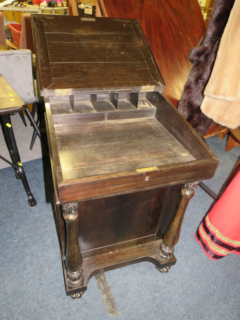 A 19TH CENTURY COLONIAL EBONY DAVENPORT DESK IN THE MANNER OF GILLOWS, the slope with brass - Image 3 of 6