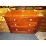 A LARGE VICTORIAN MAHOGANY THREE DRAWER CHEST WITH GLASS HANDLES W-114 CM