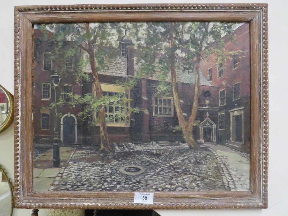 FRAMED OIL ON BOARD OF A COURTYARD SCENE - PENCILED VERSO 'STAPLE INN LONDON WC2 BY LEVESON GOWER - Image 2 of 4