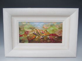 C. LEWIS (XX). 'Thriving Waters VI', signed lower right, oil on canvas, framed, 20 x 40 cm