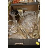 A TRAY OF ASSORTED GLASSWARE ETC TO INCLUDE OVERLAY VASES
