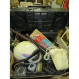 A QUANTITY OF COLLECTABLES ETC TO INC MODEL BOAT, METAL DETECTOR (A/F), MOTORCYCLE HELMET, RETRO