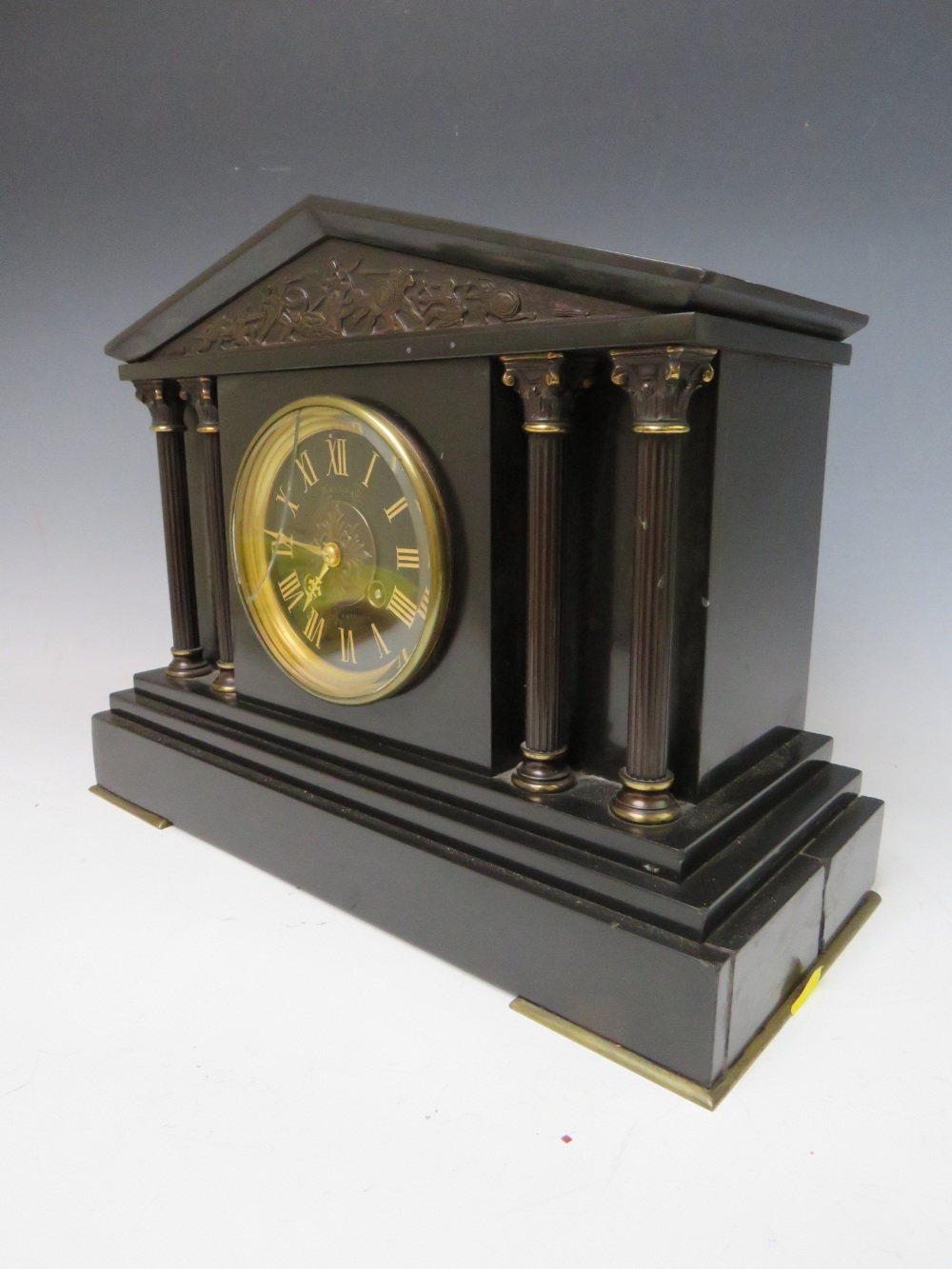 A BLACK SLATE GONG STRIKE MANTLE CLOCK, of architectural form with reeded columns and a black - Image 2 of 6