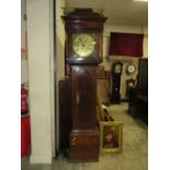 AN ANTIQUE BRASS FACED RICHARD SCHOFIELD 30 HOUR LONGCASE CLOCK - PENDULUM AND WEIGHT