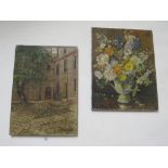 TWO UNFRAMED OIL ON CANVAS - THE STAPLE INN OF LONDON AND A FLORAL STILL LIFE BITH SIGNED LEVESON