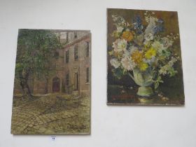 TWO UNFRAMED OIL ON CANVAS - THE STAPLE INN OF LONDON AND A FLORAL STILL LIFE BITH SIGNED LEVESON